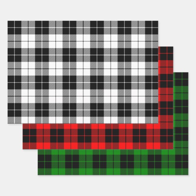 Black and White, Red and Green Plaid Pattern Wrapping Paper Sheets (Set)