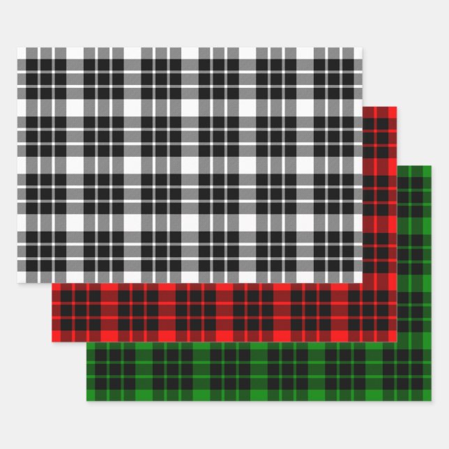 Black and White, Red and Green Plaid Wrapping Paper Sheets (Set)