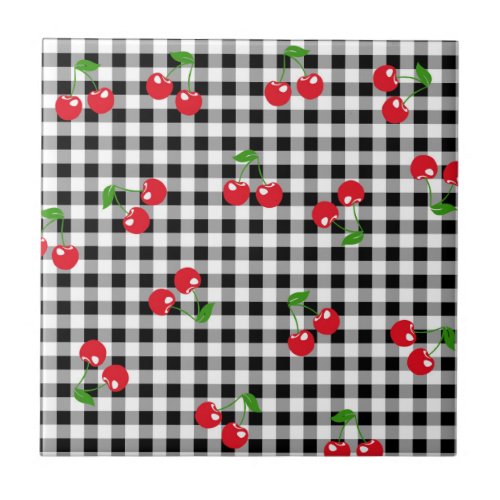 Black and White Red Cherry Gingham Pattern Ceramic Tile