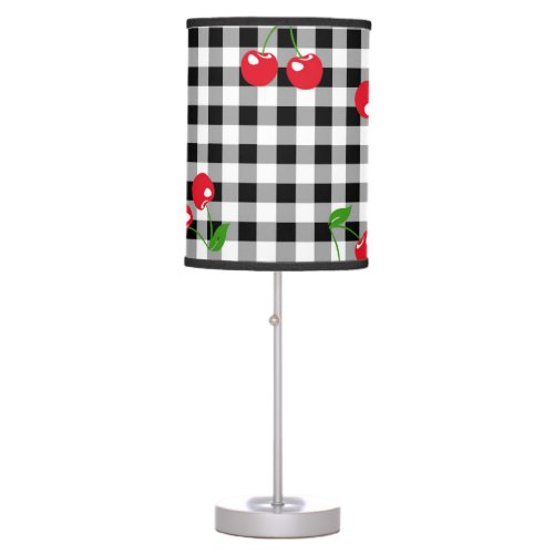 Black and White Red Cherry Gingham Pattern Table Lamp