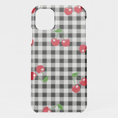 Black and White Red Cherry Gingham Pattern iPhone 11 Case