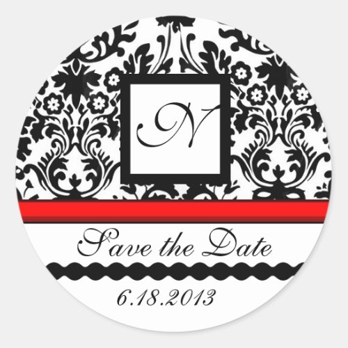 BLACK AND WHITE RED  DAMASK MONOGRAMSave The Date Classic Round Sticker