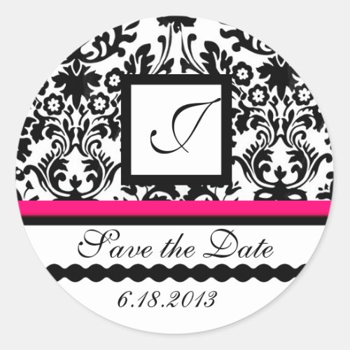 BLACK AND WHITE RED  DAMASK MONOGRAMSave The Date Classic Round Sticker
