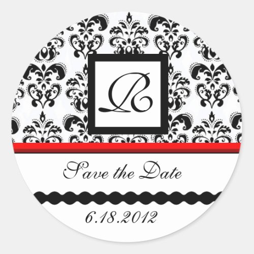 BLACK AND WHITE RED  DAMASK MONOGRAMSave The Date Classic Round Sticker