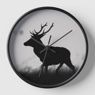 Black and White Red Deer Silhouette Clock