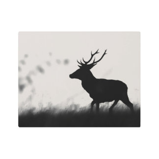 Black and White Red Deer Silhouette Metal Print