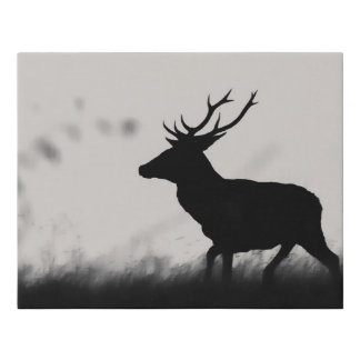 Black and White Red Deer Silhouette Wildlife Canva Faux Canvas Print