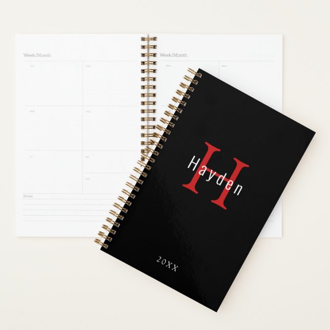 Black and White Red Monogram Add Your Name + Year Planner (Display)