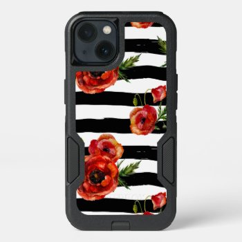 Black And White  Red Poppies  Floral  Monogrammed Iphone 13 Case by CoolestPhoneCases at Zazzle