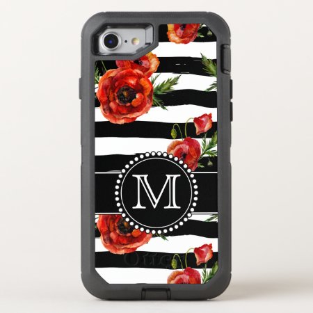 Black And White, Red Poppies, Floral, Monogrammed Otterbox Defender Ip