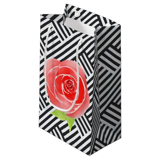 Black and White Red Roses Floral Small Gift Bag (Front Angled)