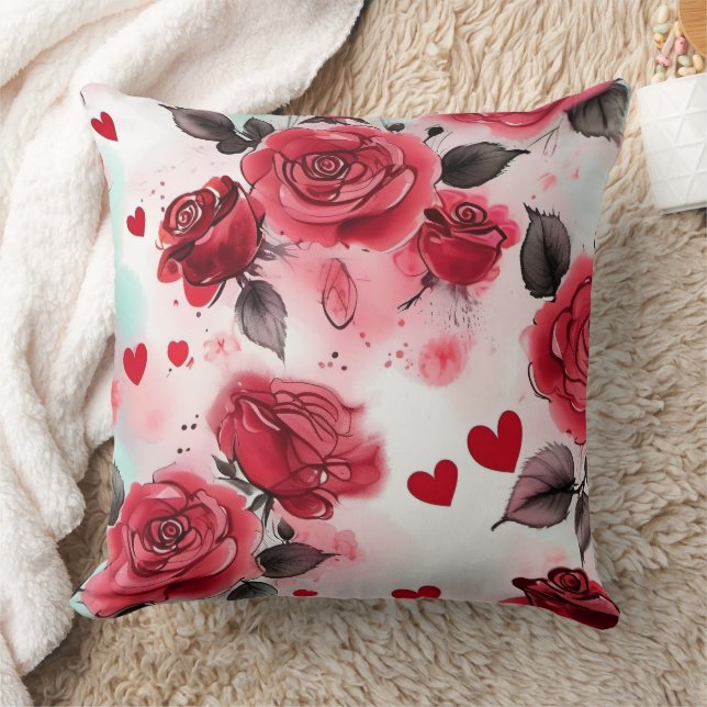 Black and White, Red Roses Hearts Romantic Floral Throw Pillow (Blanket)