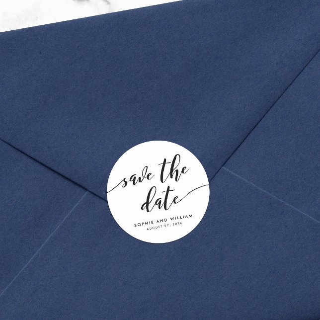 Black and White Relax Script Save the Date Classic Round Sticker (Creator Uploaded)