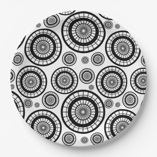 Black and White Repeating Wheel Pattern Paper Plates (Front)