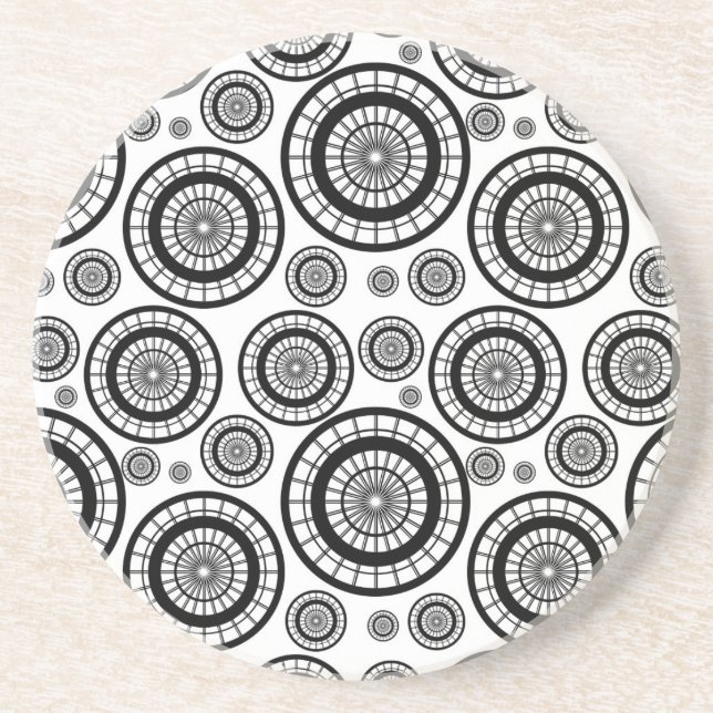 Black and White Repeating Wheel Pattern Sandstone Coaster (Front)