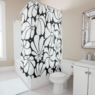 Black And White Retro 70s Flower Graphic Design Shower Curtain