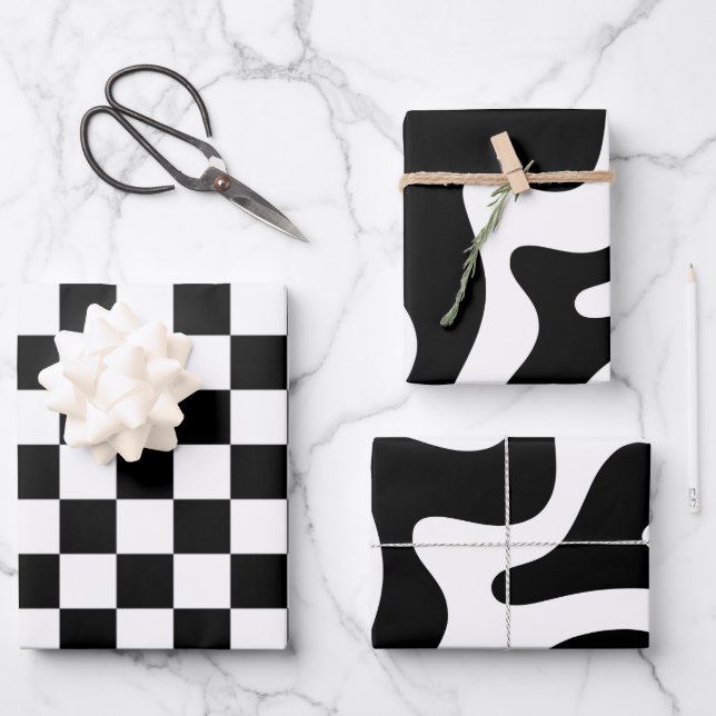 Black and White Retro Abstract Patterns Wrapping Paper Sheets (Front)