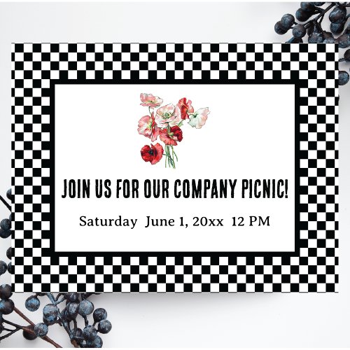Black and White Retro Checkerboard Company Picnic Invitation Postcard