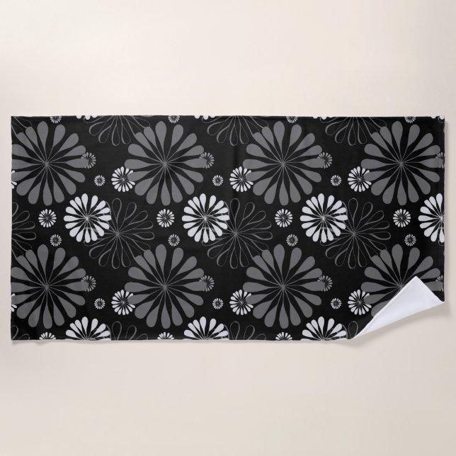 Black and White Retro Floral Beach Towel (Front)