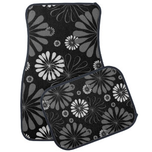 Black and White Retro Floral Car Floor Mat