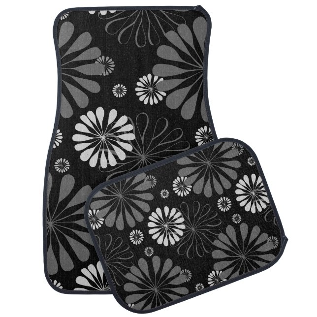 Black and White Retro Floral Car Floor Mat (Set)