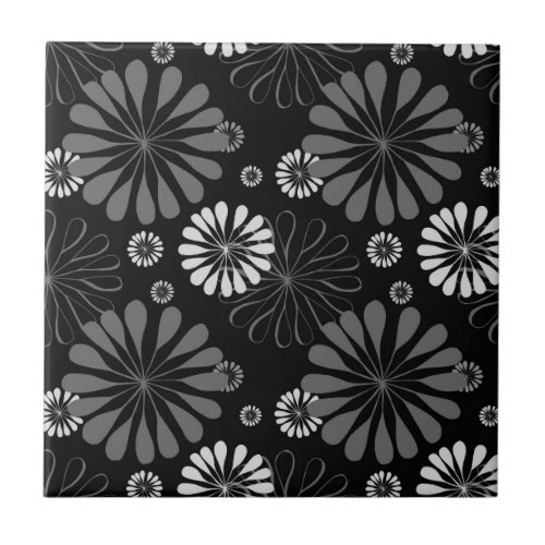 Black and White Retro Floral Ceramic Tile