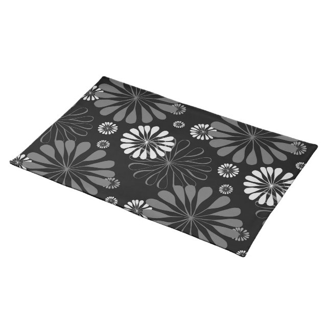 Black and White Retro Floral Cloth Placemat (On Table)