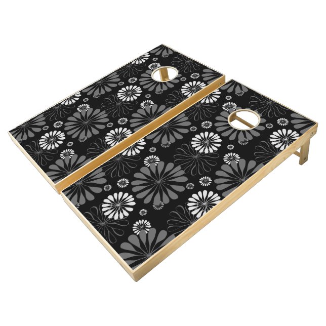 Black and White Retro Floral Cornhole Set (Angled)