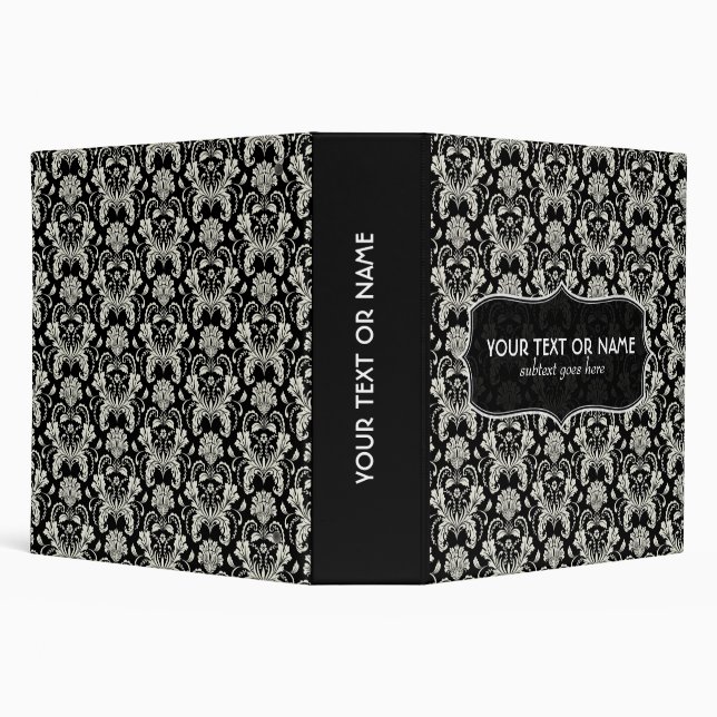 Black And White Retro Floral Damask Pattern 3 Ring Binder (Background)