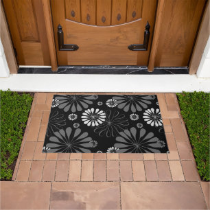 Black and White Retro Floral Doormat