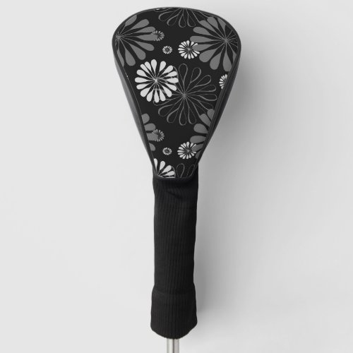 Black and White Retro Floral Golf Head Cover