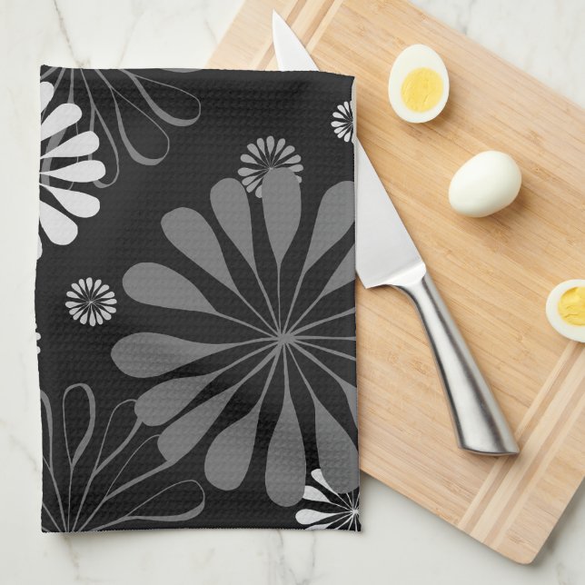 Black and White Retro Floral Kitchen Towel (Quarter Fold)