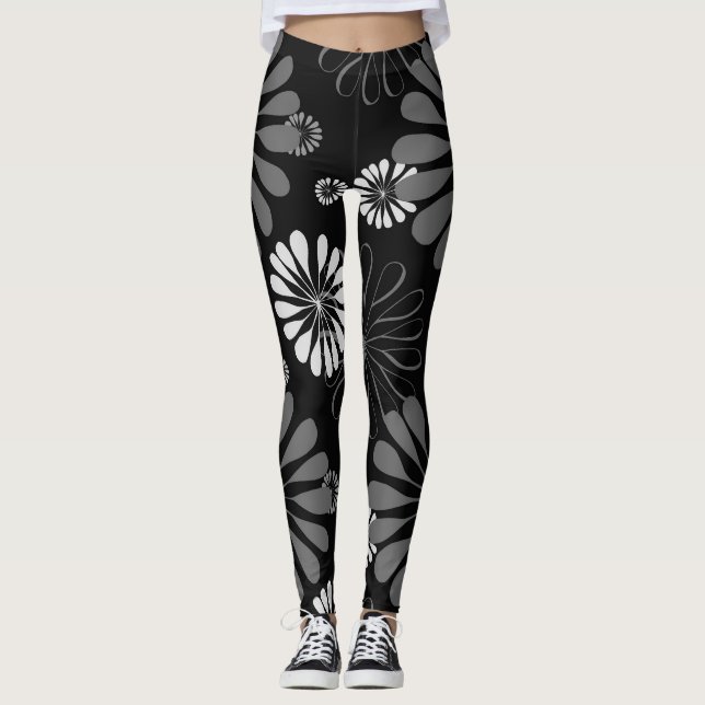 Black and White Retro Floral Leggings (Front)