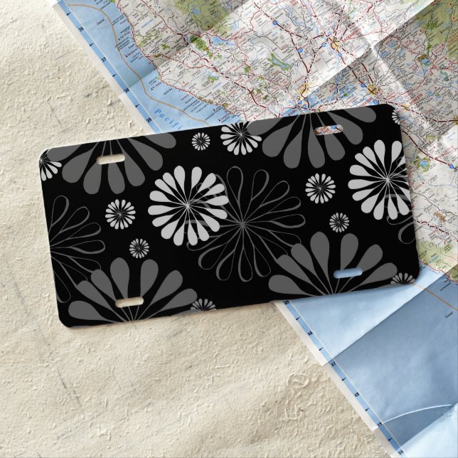 Black and White Retro Floral License Plate (In Situ)