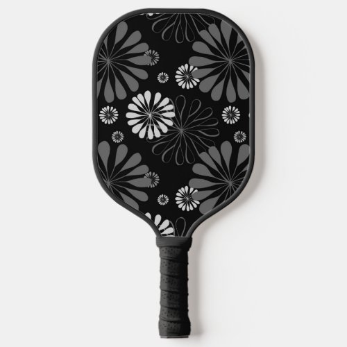 Black and White Retro Floral Pickleball Paddle