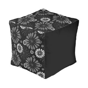 Black and White Retro Floral Pouf