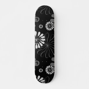 Black and White Retro Floral Skateboard