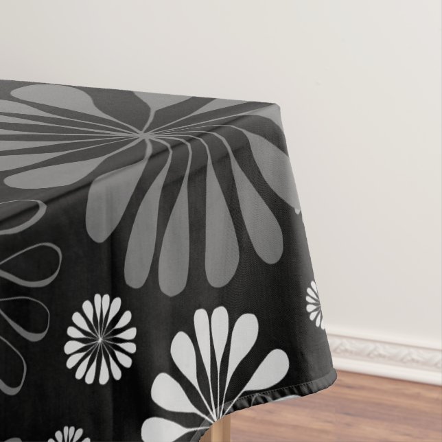 Black and White Retro Floral Tablecloth (In Situ)
