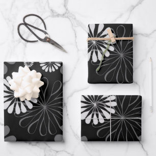 Black and White Retro Floral Wrapping Paper Sheets