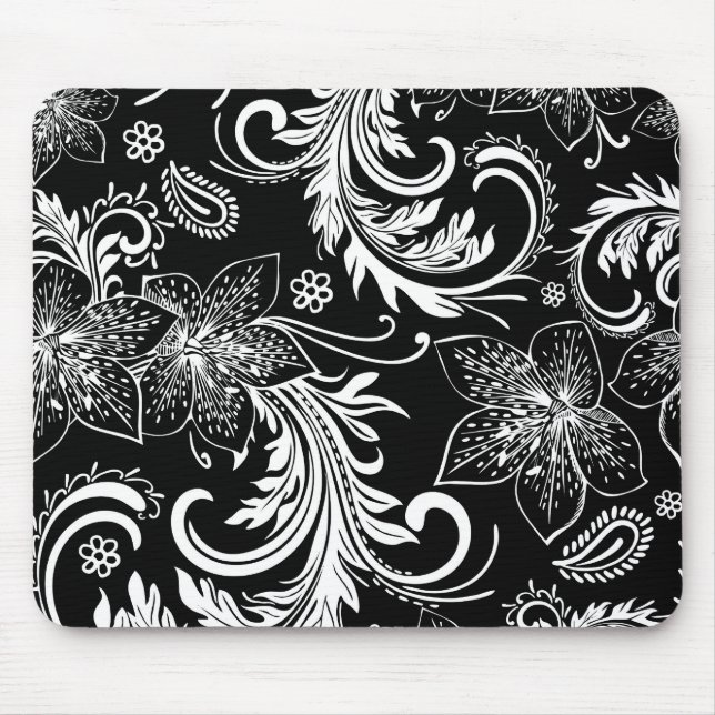 Black And White Retro Flowers & Swirls Design Mouse Pad (Front)