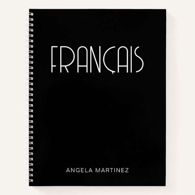 Black and White Retro Français Language Study Notebook (Front)