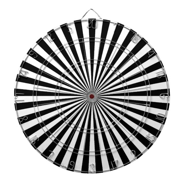 Black and white retro funky sun stripes dartboard with darts (Front)