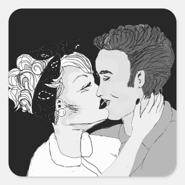 Black and White Retro Kissing Couple Square Sticker (Front)