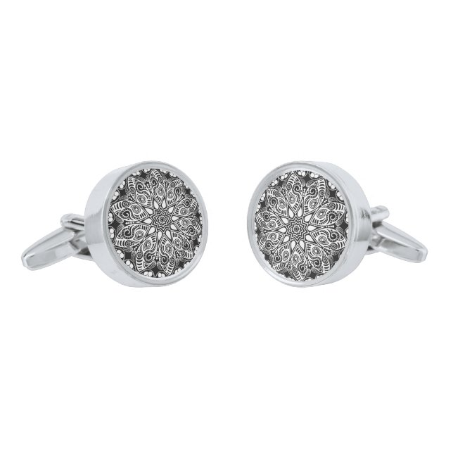 Black And White Retro Lace Circle Silver Cufflinks (Angled)