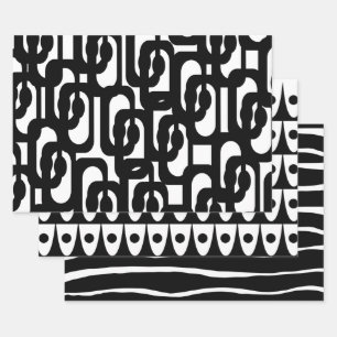 Black and White Retro Mod Patterns Wrapping Paper Sheets