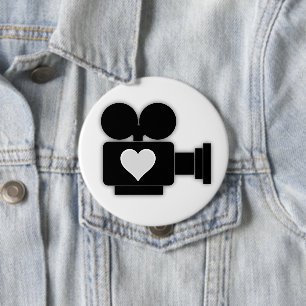 BLACK AND WHITE RETRO MOVIE CAMERA AND HEART BUTTON
