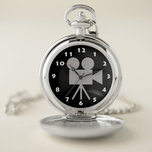 BLACK AND WHITE RETRO MOVIE CAMERA DESIGN POCKET WATCH