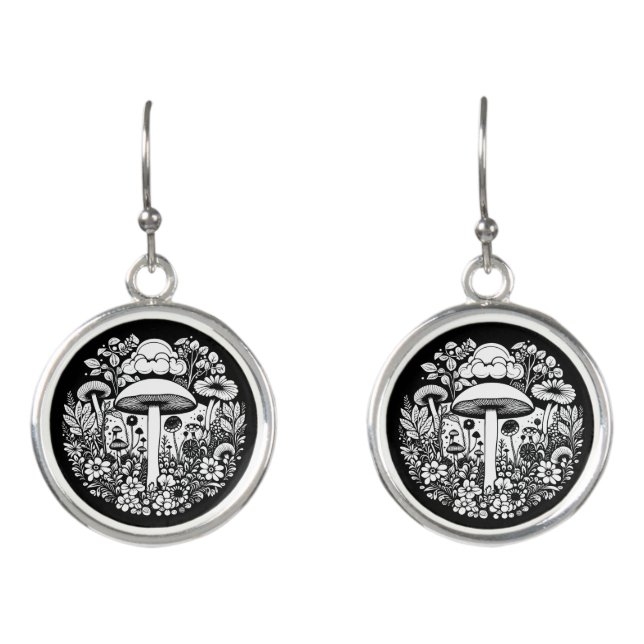Black and White Retro Mushrooms and Flowers Earrings (Front)