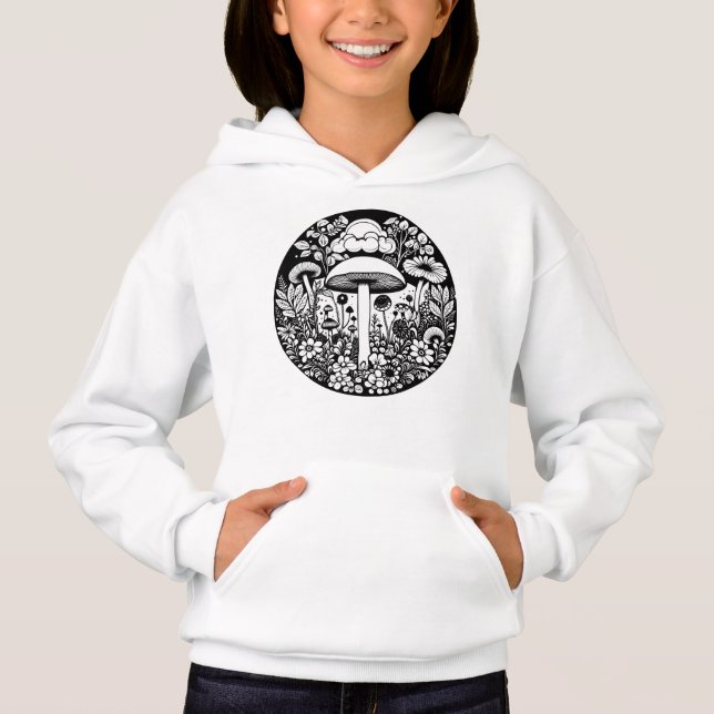 Black and White Retro Mushrooms and Flowers Hoodie (Front)
