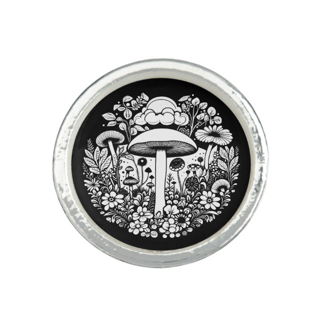 Black and White Retro Mushrooms and Flowers Ring (Front)